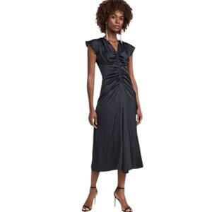 Shoshanna Noah Ruched Cap-Sleeve V-Neck Satin Black Cocktail Midi Dress Size 8